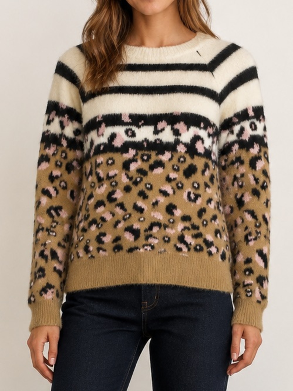 Topshop Fuzzy Leopard Stripe Sweater Pink Camel Black US 4